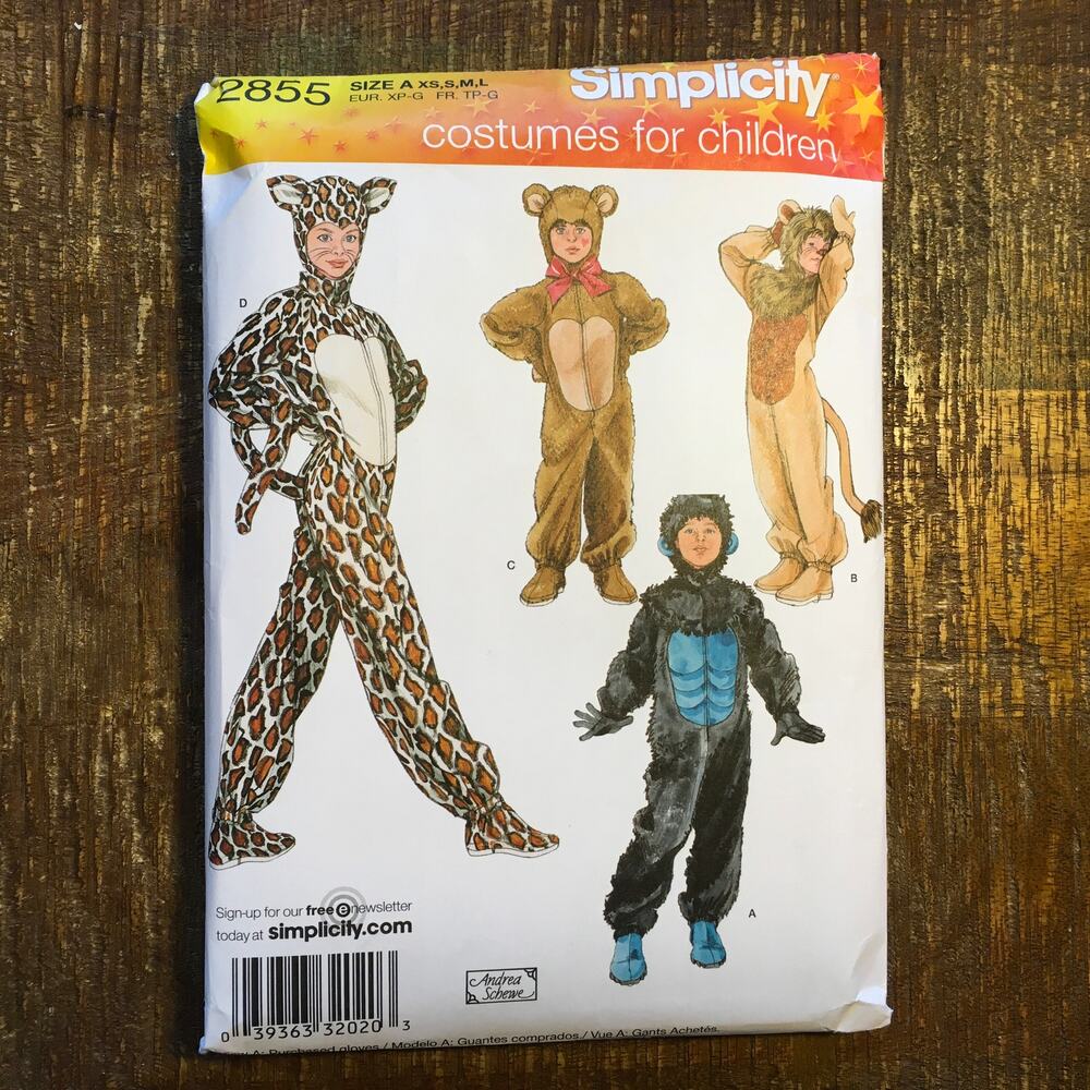 Simplicity Sewing Pattern 2855 Kids Costume Bear Gorilla Lion Leopard XS-L UNCUT